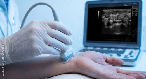 Doctor performing ultrasound scan on patient's wrist