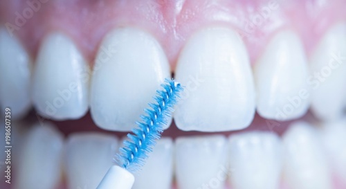 Interdental brush cleaning gaps between white teeth