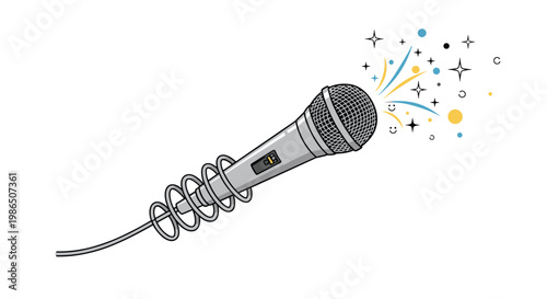 Stylish silver microphone decorated with colorful musical symbols, stars, and smileys for a fun and creative karaoke or performance theme.