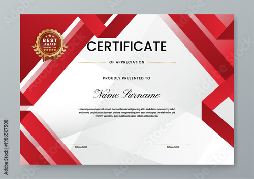 Professional landscape certificate featuring bold red abstract geometric shapes and a gold best award nomination badge