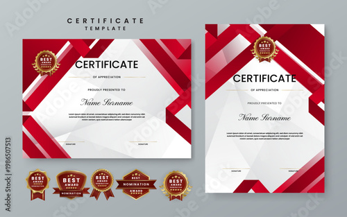 Collection of landscape and portrait certificate templates featuring red geometric ribbon designs and multiple gold nomination seal options
