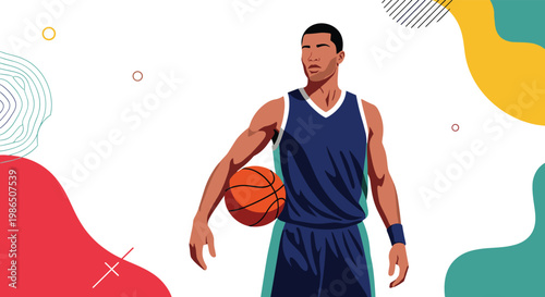 Confident basketball player in blue uniform holding a ball while standing against colorful abstract background with geometric and wavy shapes.