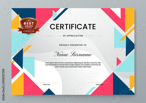 Landscape certificate design with creative colorful triangle geometric shapes and a premium gold nomination badge