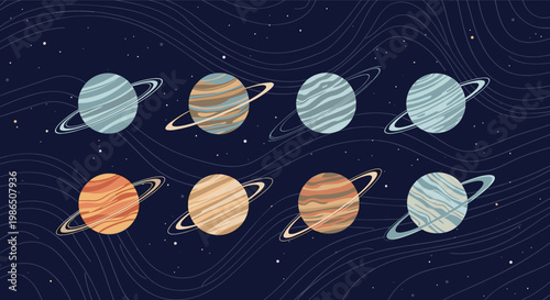 Collection of eight colorful planets with rings on a dark blue space background with stars and wavy lines for astronomy themes.