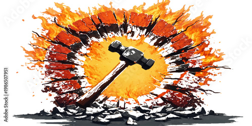 A burning fire alarm clock vector illustration as a conceptual art symbol for business time management design with city and planet decoration