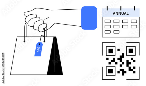 Shopping, marketing, discounts, calendar planning, sales, QR code scanning. Hand holding a shopping bag with a discount tag, calendar and QR code. Shopping and marketing concept