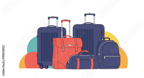 Collection of travel bags and suitcases in blue and orange colors including backpacks and duffel bag for vacation and trip themes.