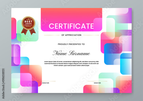 Horizontal orientation award with colorful overlapping square shapes and elegant gold nomination seal