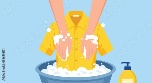 Human hands washing a yellow shirt in a basin with soap bubbles and detergent bottle on blue background for laundry concepts.