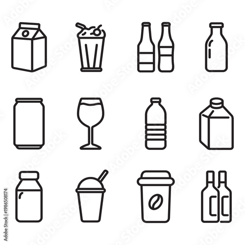 A collection of line icons related to various drinks.