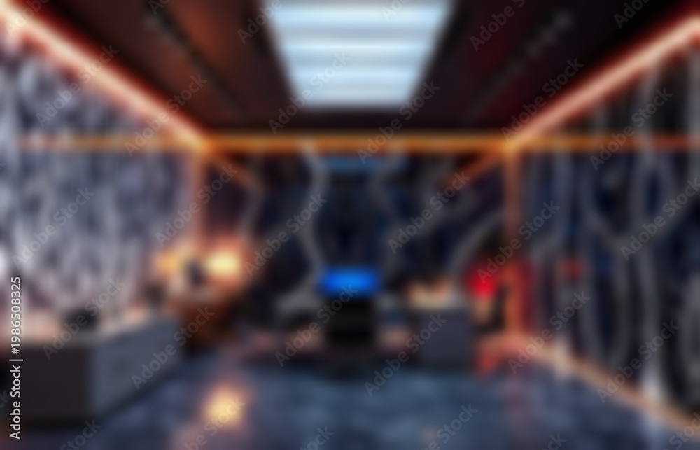 Obraz premium A blurred view of a modern office interior with neon lights and abstract wallpaper.