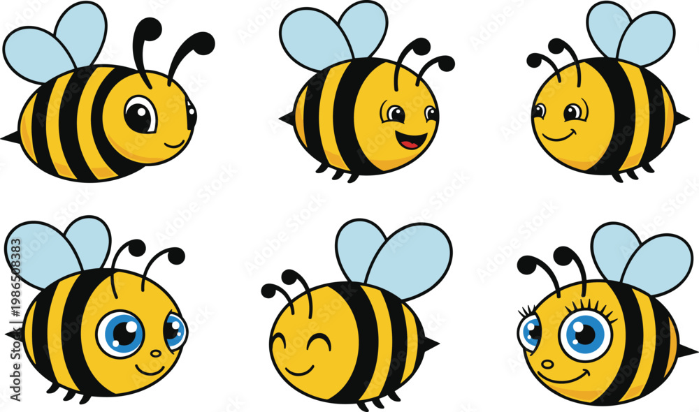 Obraz premium Cartoon Bee Vector Collection Featuring Cute Insect Characters with Playful Expressions for Creative Designs