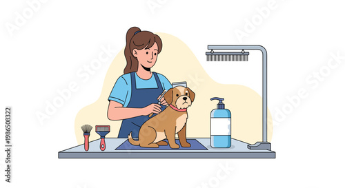 Female groomer brushing a small brown dog on a grooming table with professional tools, shampoo, and hair dryer in a salon.
