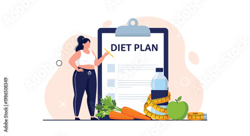 Fit young woman standing next to a huge diet plan checklist with healthy foods like carrots, apple, water, and measuring tape.