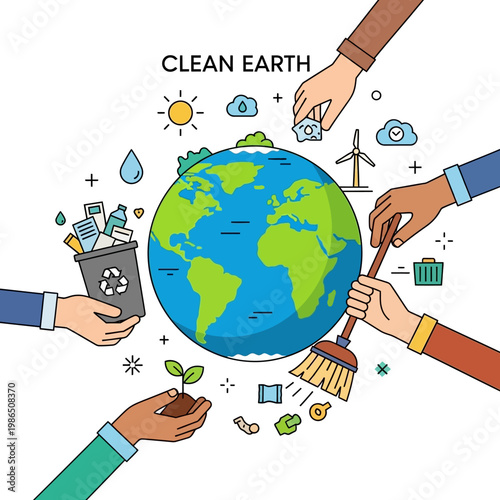 Diverse Hands Caring for Planet Earth, Recycling, Planting, Cleaning