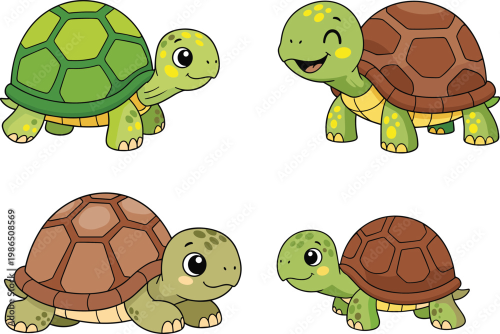 Obraz premium Cartoon Turtle Vector Collection Featuring Cute Animal Characters with Colorful Shells and Playful Expressions