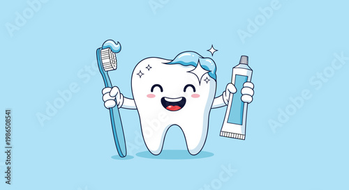 Happy cartoon tooth mascot holding a toothbrush and toothpaste to promote excellent dental hygiene and a bright smile for children and adults alike.