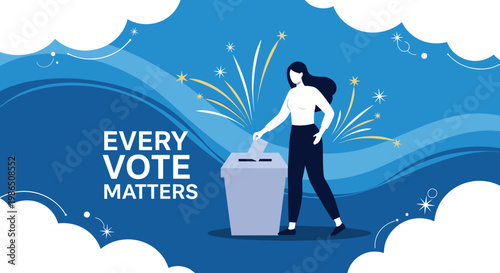 Determined woman casting her ballot into a voting box with fireworks in the background to emphasize that every single vote matters in an election.