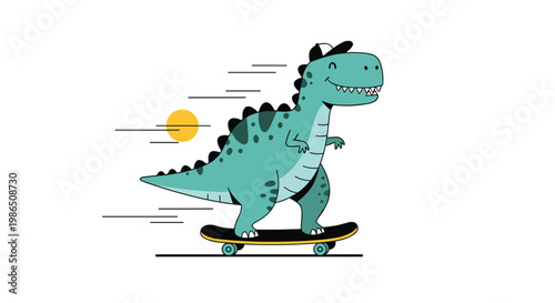 Cute cartoon dinosaur wearing a cap and riding a black skateboard at high speed against a white background for a fun and playful design.