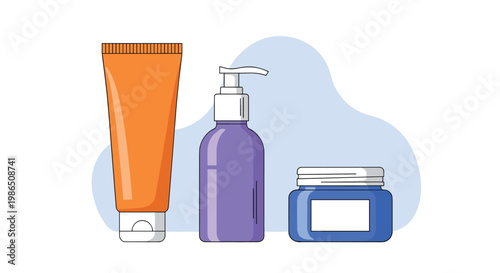 Collection of cosmetic skin care products including a tube, pump bottle, and cream jar for a comprehensive beauty and hygiene routine.