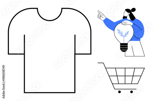 E-commerce, sustainability, innovation, graphic design, shopping trends, online retail. Minimalist t-shirt, shopping cart person holding a light bulb. E-commerce and sustainability concept