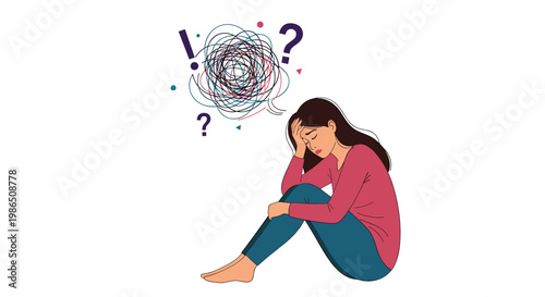 Stressed woman sitting on the floor with her head in her hands and chaotic scribbles above to represent mental health issues and anxiety.