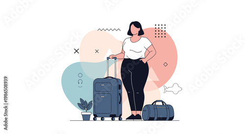 Confident plus-size woman standing with a large suitcase and a travel bag while preparing for an exciting journey or vacation adventure.
