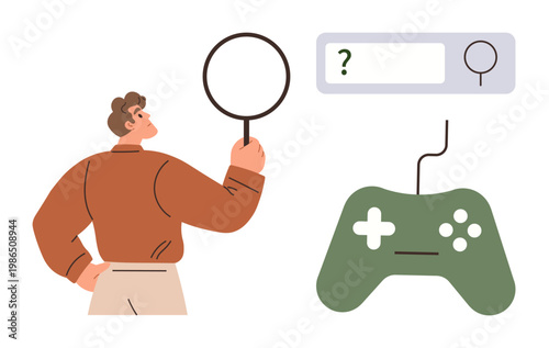 Gaming, search tools, user interfaces, exploration, game development, digital interactions. Person holds magnifying glass beside search bar and game controller. Gaming and search tools idea