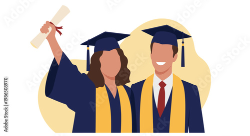 Two successful graduates wearing graduation caps and gowns while holding a diploma to celebrate their academic achievement and hard work.