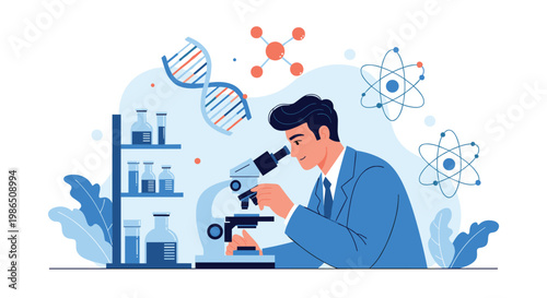 Scientist conducting research in a laboratory using a microscope with symbols of DNA and atoms in the background to represent scientific innovation.