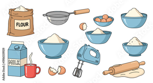 Assorted baking ingredients and tools including flour, eggs, milk, and an electric mixer for creating delicious homemade cakes and pastries.