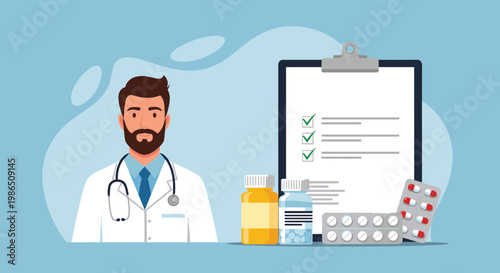 Male doctor in a white coat standing next to a medical report and various pill bottles and tablets for effective patient treatment and care.