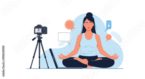 Yoga instructor practicing meditation in a studio while streaming her class online with a laptop and a professional video camera on a tripod.