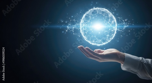 A hand holding a glowing blue digital sphere with a network pattern palm