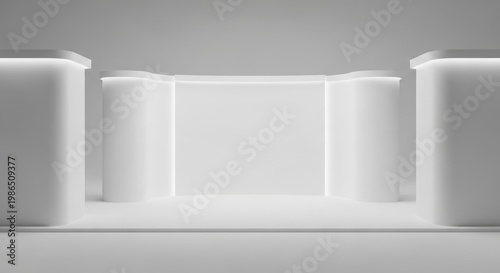 Minimalist white stage design with geometric shapes and subtle lighting for presentation or exhibition.