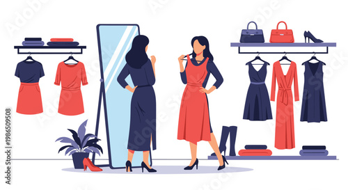 Stylish woman trying on a red dress in front of a mirror in a modern boutique to find the perfect outfit for a special event or daily wear.
