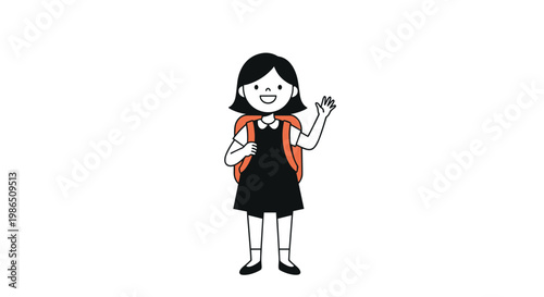 Cute little girl with a backpack waving her hand as she gets ready for her first day of school to start her journey of learning and discovery.