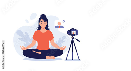 Calm woman practicing meditation in a peaceful studio while streaming a live wellness session to her online community using a laptop and camera.