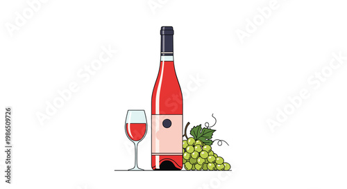 Elegant bottle of rose wine with a matching glass and a bunch of grapes presented in a clean and modern illustration.