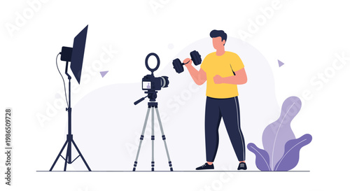 Fit man recording a fitness workout video using a professional camera and studio lighting in a content creator setting.