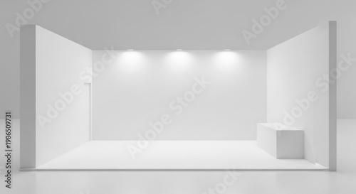 Empty white exhibition booth with spotlights and minimalist design, ready for branding and display.