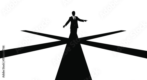 Silhouette vector illustration of a businessman standing at a crossroads, contemplating multiple paths and important career decisions, seeking the right direction for the future.