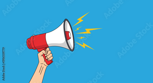 Human hand holding a red and white megaphone with yellow lightning bolts symbolizing loud sound or an important message.
