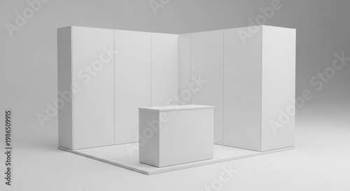 Empty white exhibition stand with a counter, rendered in 3D, ready for branding and display.