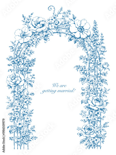 Floral baptism invitation template with blue vintage line art