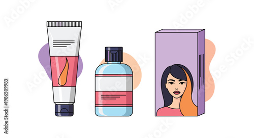 Selection of hair coloring products including a tube of hair dye, a bottle of developer, and a box showing the result.