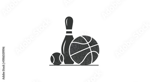 A classic vector illustration featuring various sports equipment including a bowling pin, a basketball, and a tennis ball for diverse athletic graphic design projects.