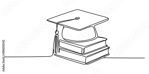 Single line art illustration of a mortarboard graduation hat placed on a stack of two books.