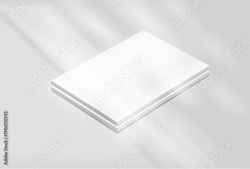 Blank hardcover book mockup showing front cover and spine on a minimalist gray background with organic leaf shadows. High-quality template for book cover design, novel, and editorial presentation.