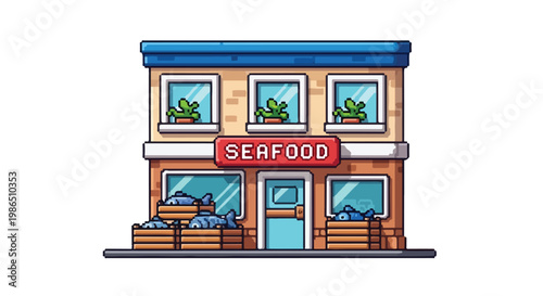 A charming pixel art illustration of a two-story seafood market featuring fish crates out front and green plants in upstairs windows.